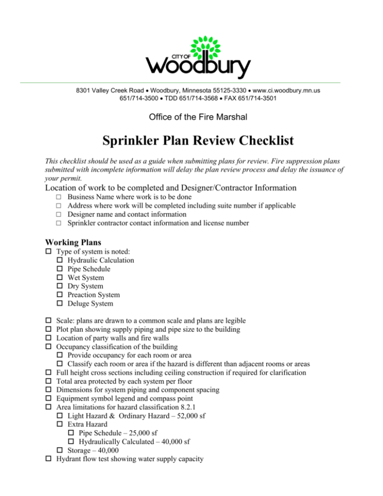 fire sprinkler system design checklist