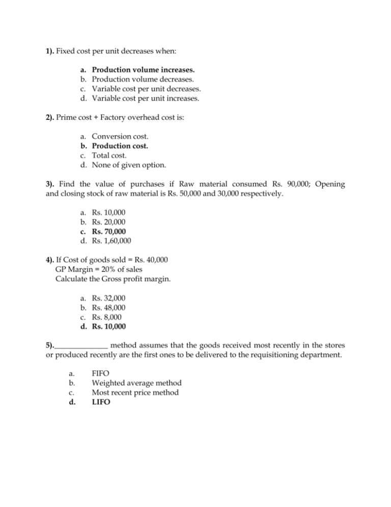 Fixed Manufacturing Cost Per Unit Absorption Costing