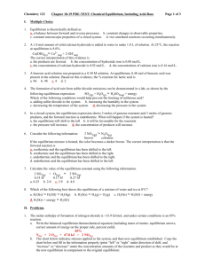Chemistry 122 Chapter 18-19 PRE-TEST: Chemical Equilibrium