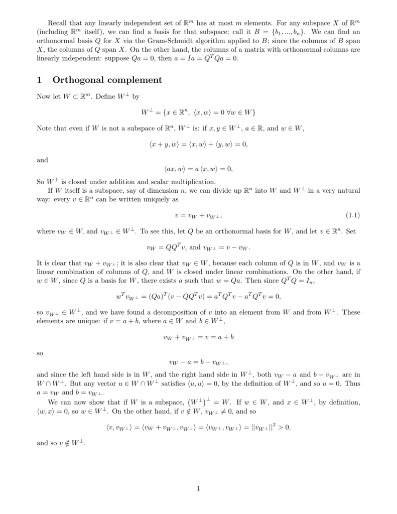 Orthogonal Complement And Projection Notes