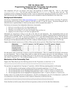 CSE 142, Winter 2007 Programming Assignment #7: Personality Test