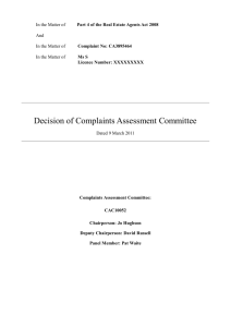 Complaints Assessment Committee - Decision to take no further action