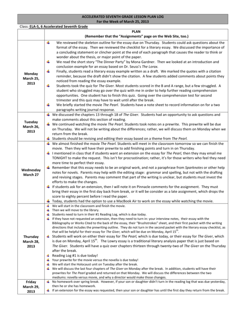 ACCELERATED SEVENTH GRADE LESSON PLAN LOG For The