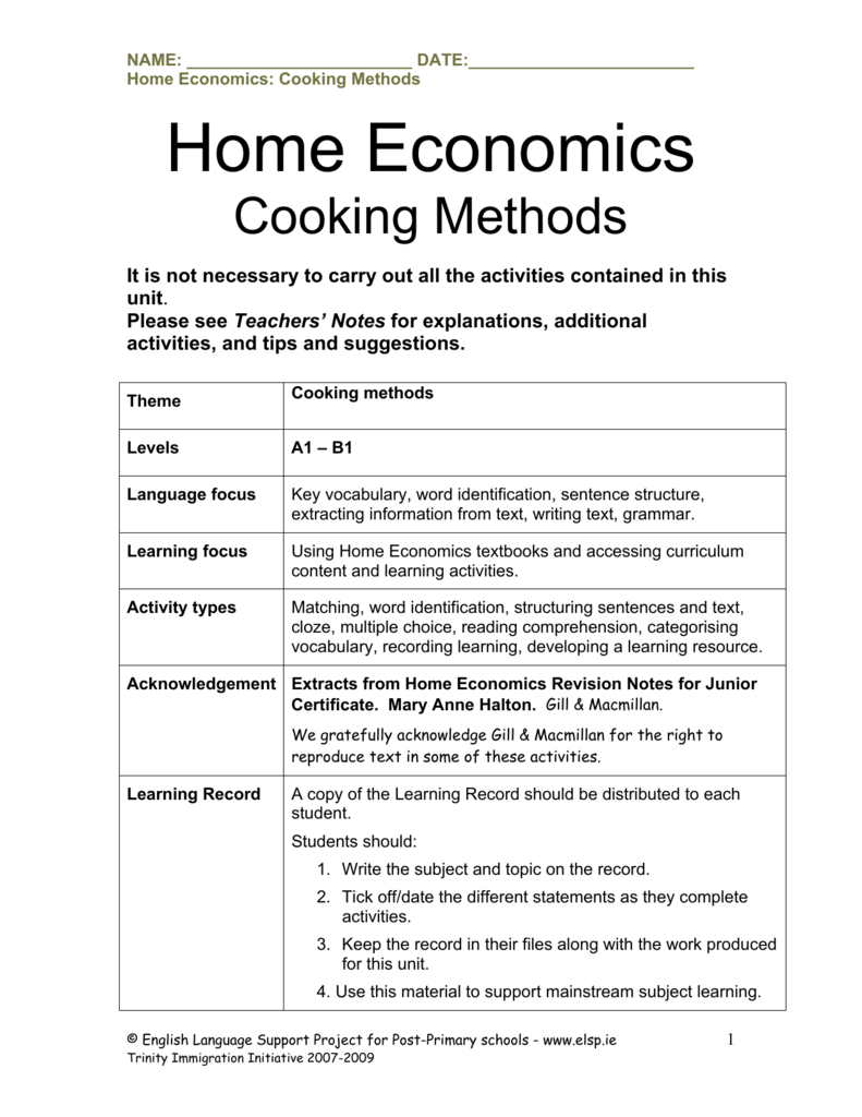 home economics journal assignments sample