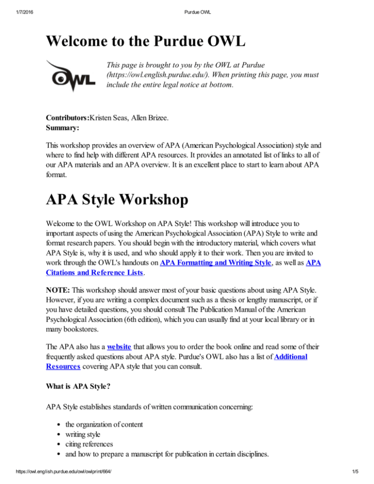 Welcome To The Purdue Owl Apa Style Workshop