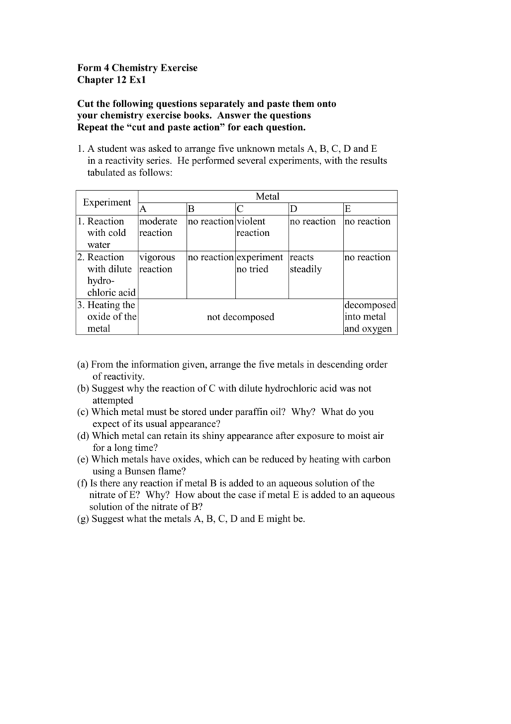 Form 4 Chemistry Exercise