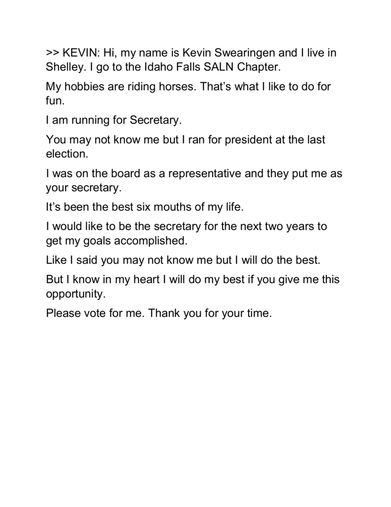 sample speech for secretary position