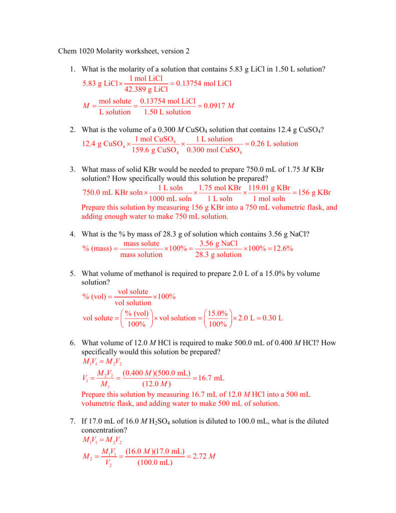 Chem 22121 Molarity worksheet, version 221 21. What is the molarity of a In Molarity Worksheet Answer Key