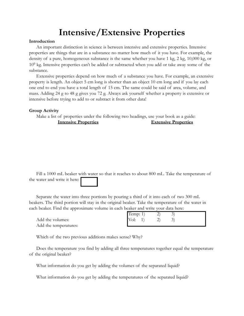 Intensive Extensive Properties Activity