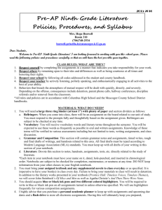 Pre-AP Ninth Grade Literature Policies, Procedures, and Syllabus