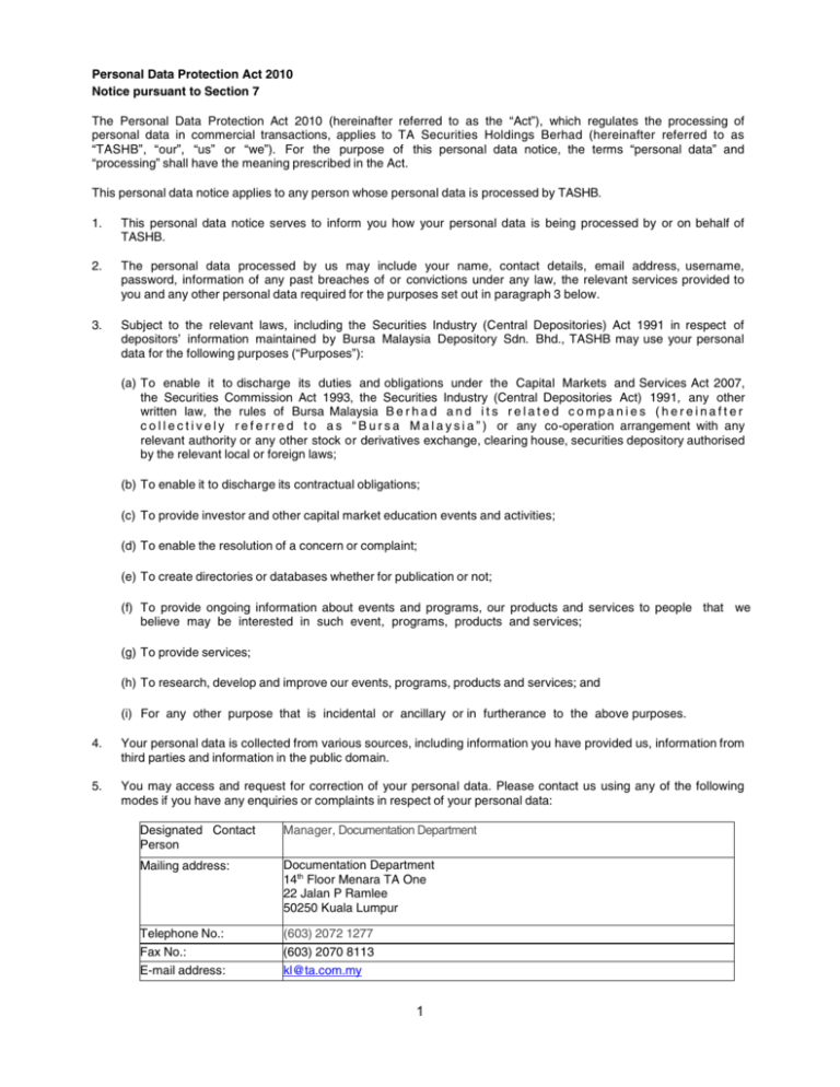 Personal Data Protection Act 2010 Notice Pursuant To 9344