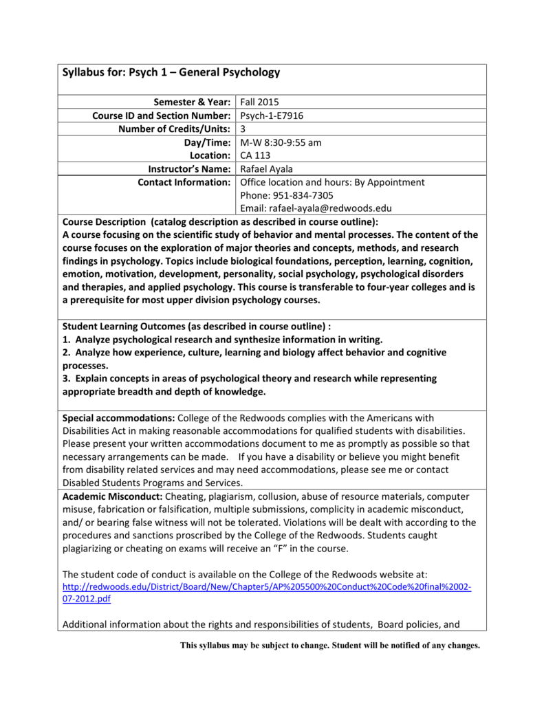 Syllabus For Psych 1 General Psychology Syllabus For Psych 1 General Psychology