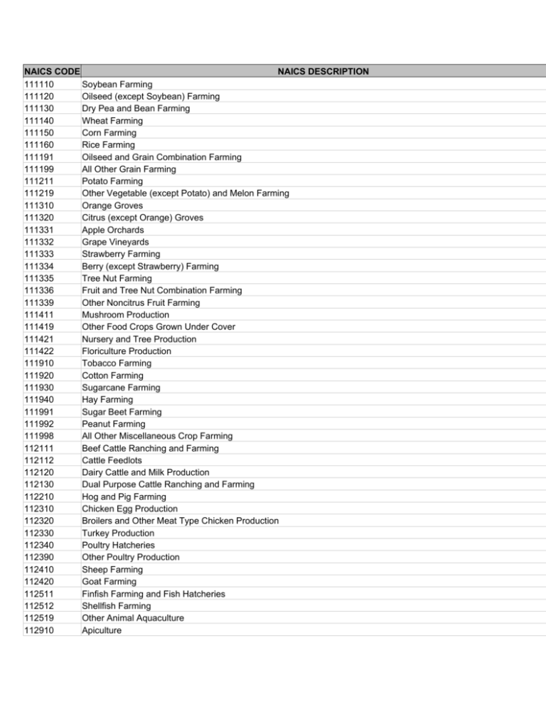 NAICS Code And Description