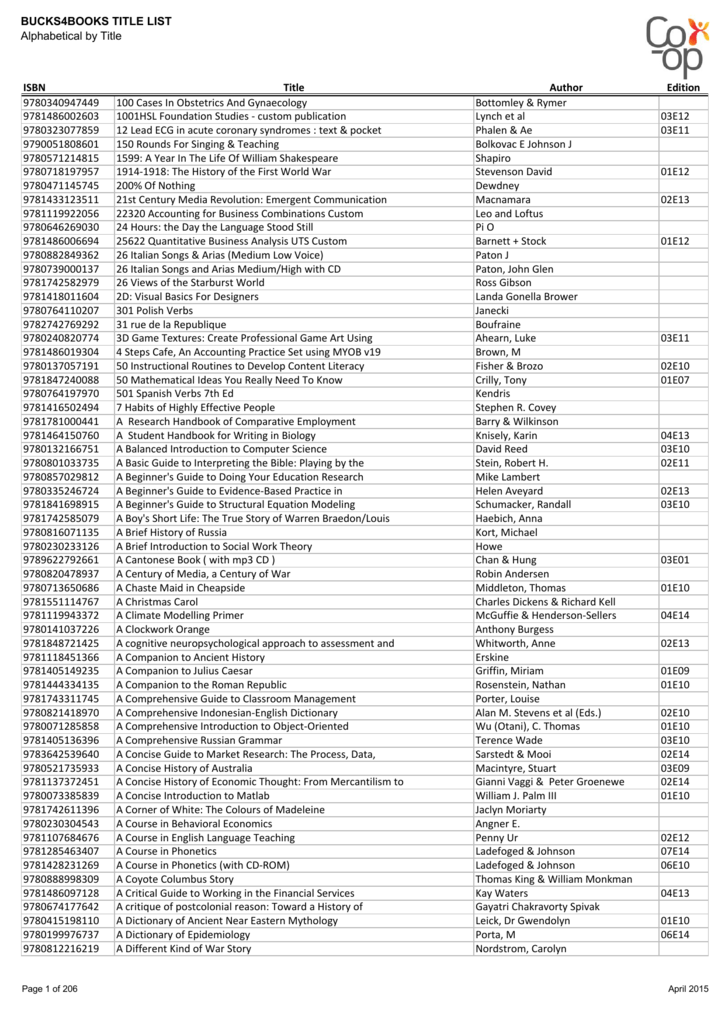 Bucks4books Title List Alphabetical By Title Isbn Title Co Op