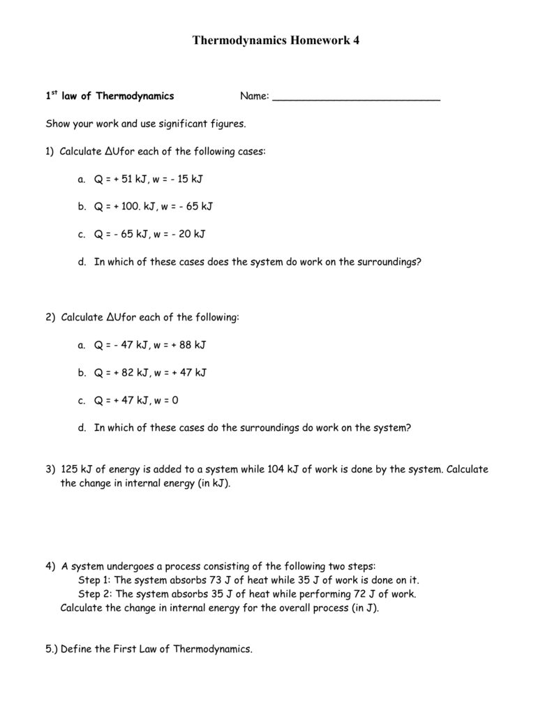 1st Law Of Thermodynamics Worksheet