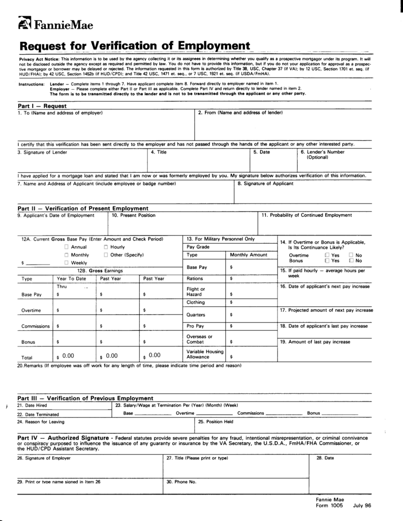 Verification Of Employment Form 1005 PDF