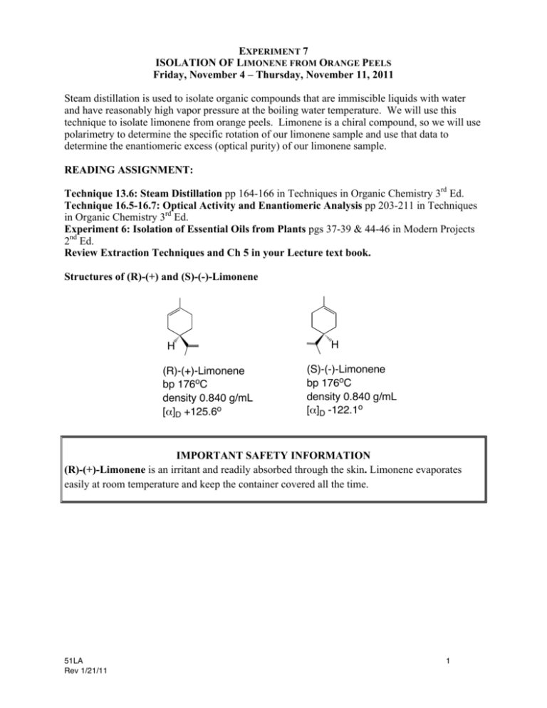 Isolation Of Limonene From Orange Peels