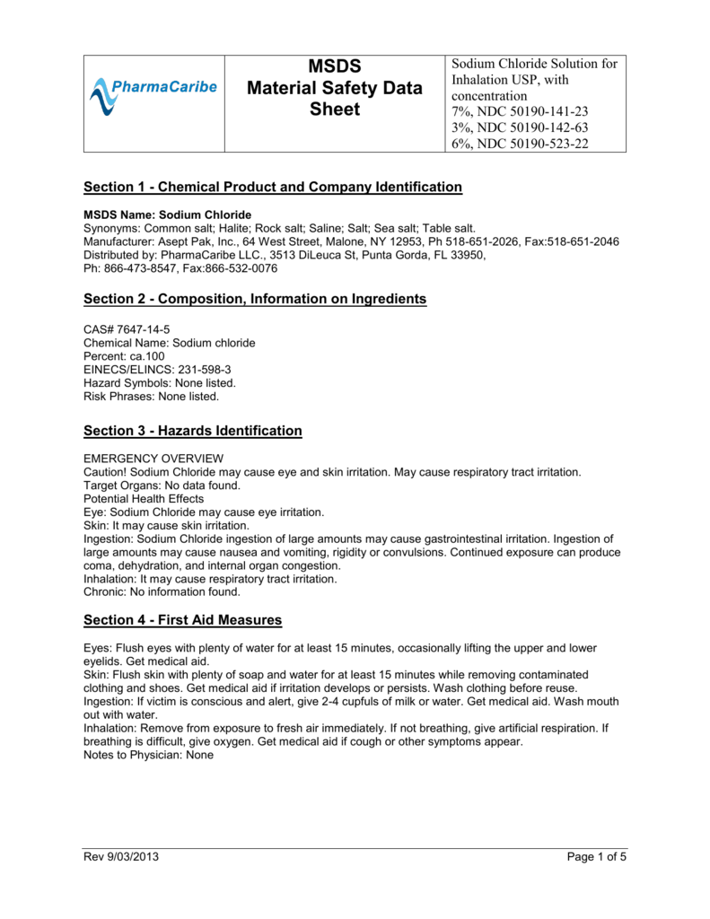 Sodium Chloride 7% MSDS