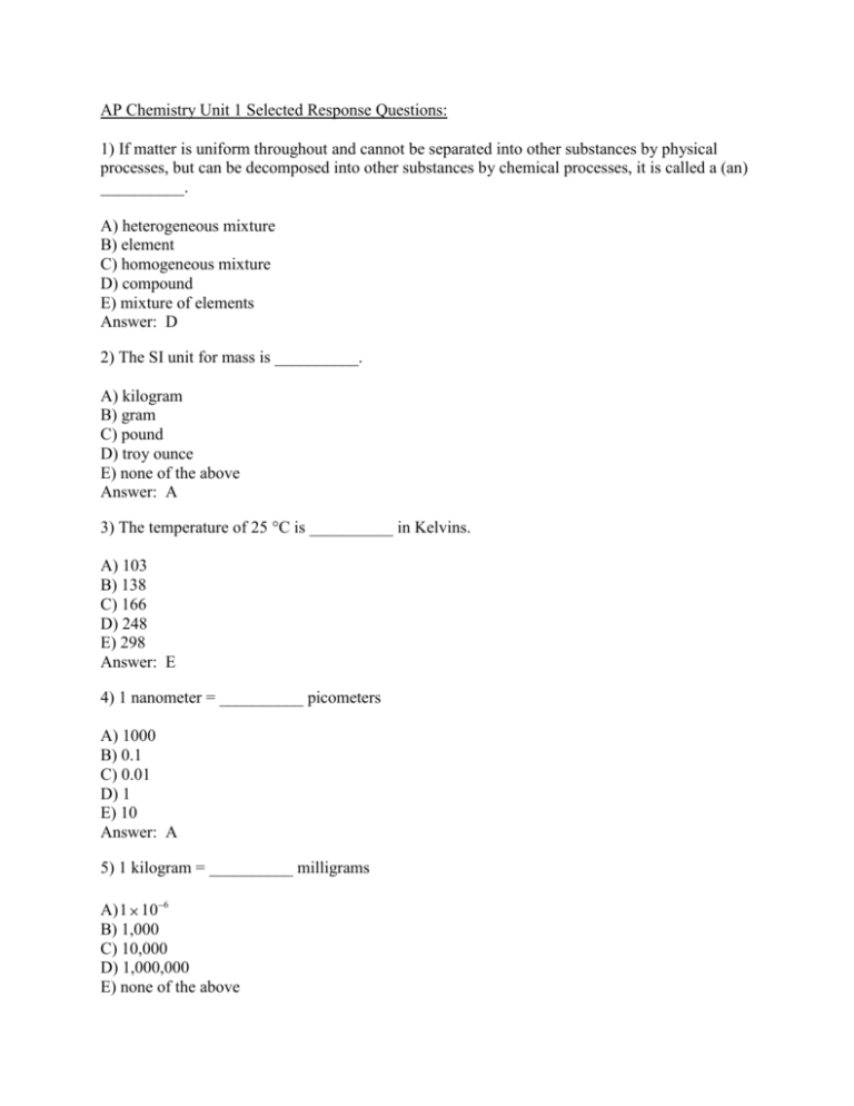 AP Chemistry Unit 1 Selected Response Questions