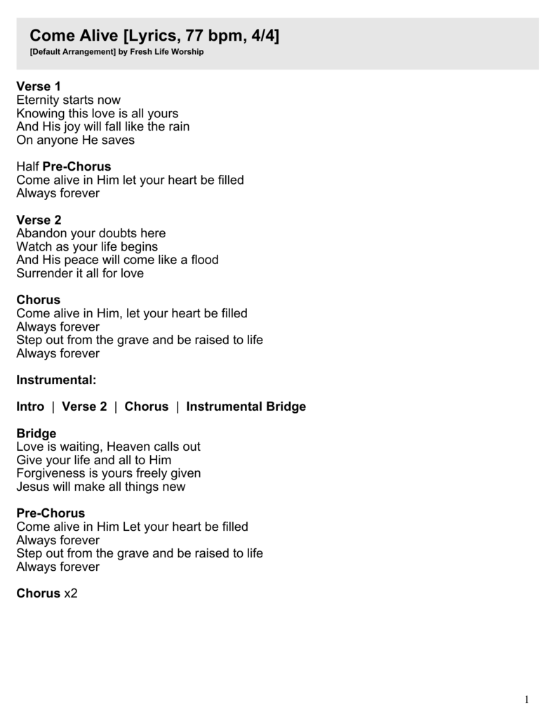 Come Alive Lyrics 77 Bpm 4 4 