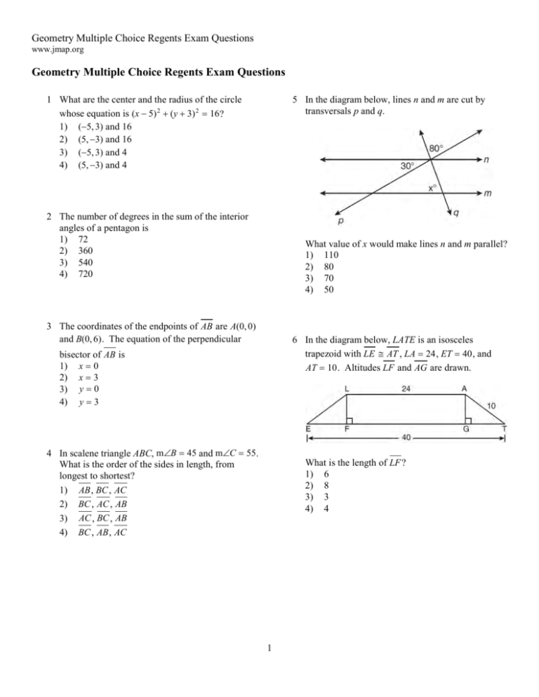 Geometry Multiple Choice Worksheet