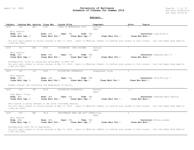 University Of Baltimore Schedule Of Classes For Summer 2016 Subject 