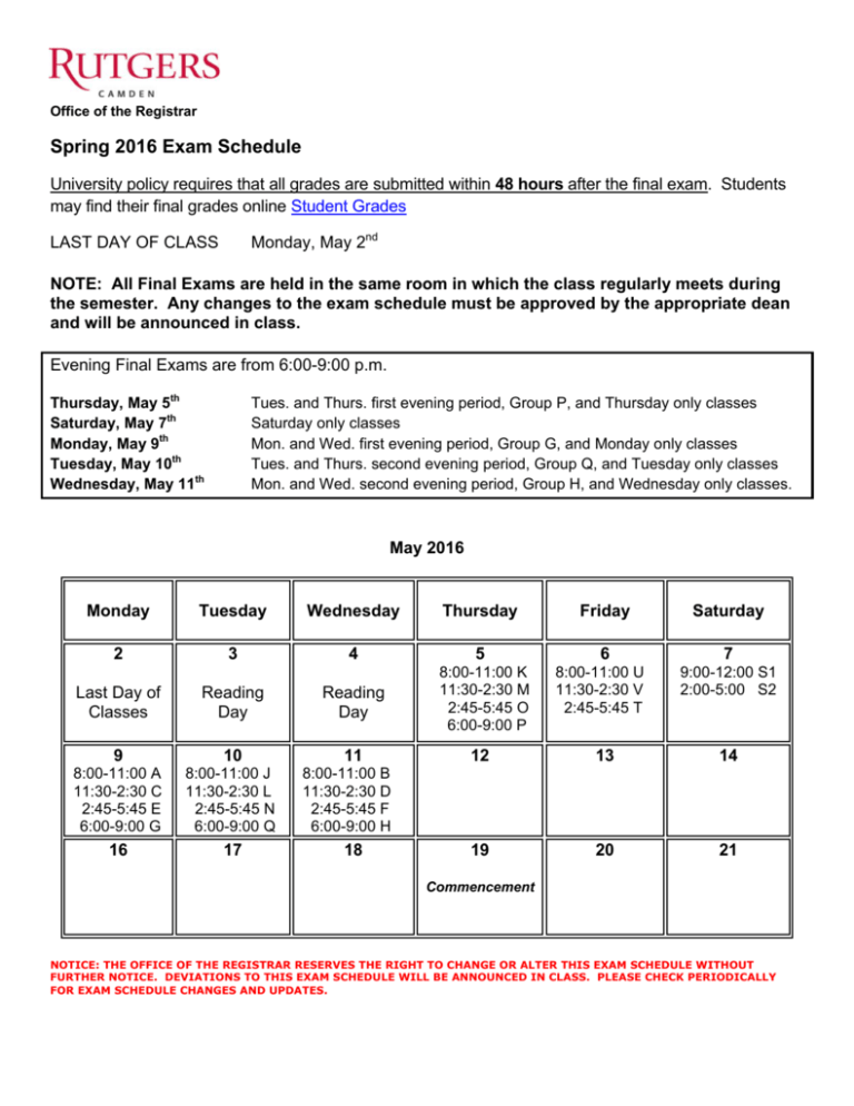 Spring 2016 Exam Schedule