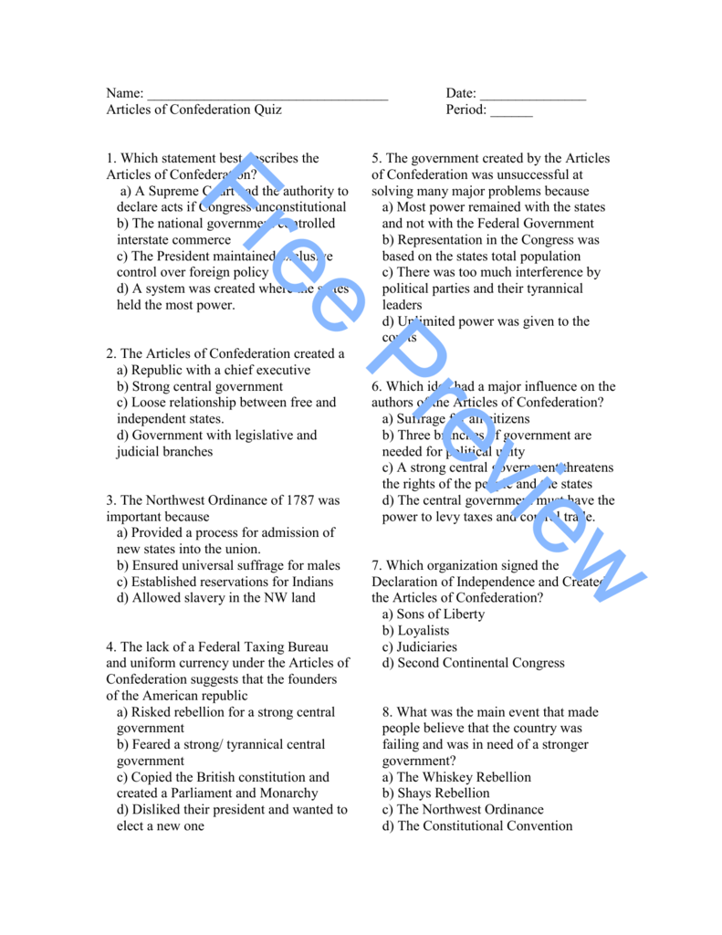 Articles Of Confederation Worksheet