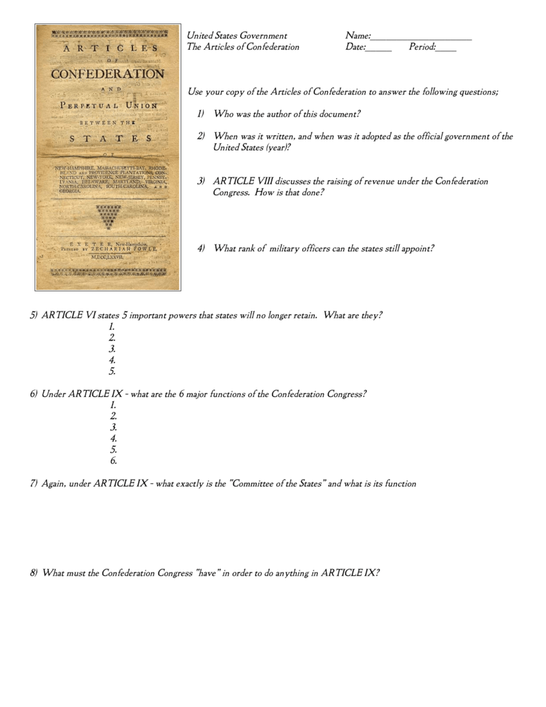 Articles Of Confederation Worksheet