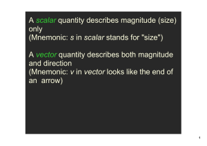 A scalar quantity describes magnitude (size) only (Mnemonic: s in