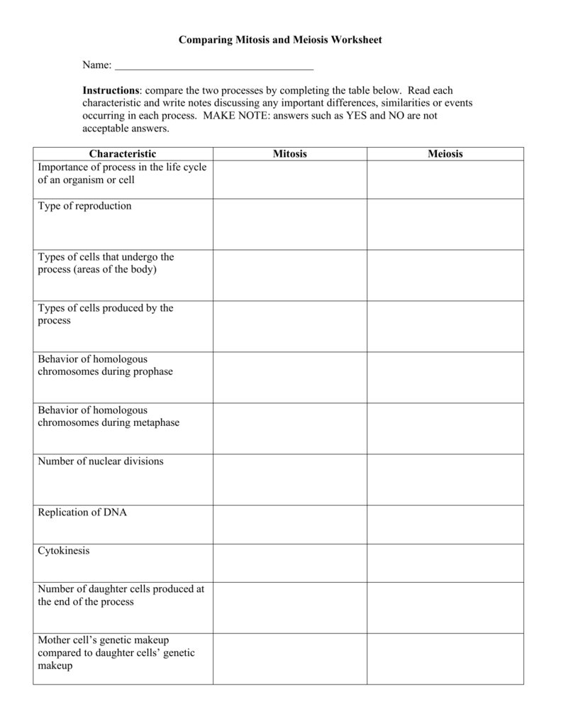 Comparing Mitosis And Meiosis Worksheet Name Instructions