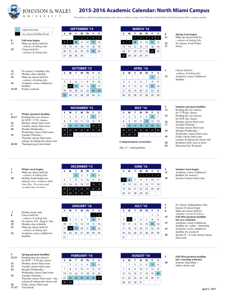 20152016 Academic Calendar North Miami Campus