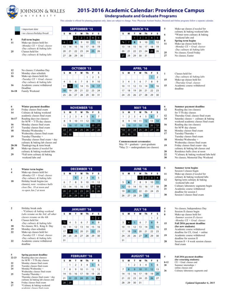 20152016 Academic Calendar Providence Campus