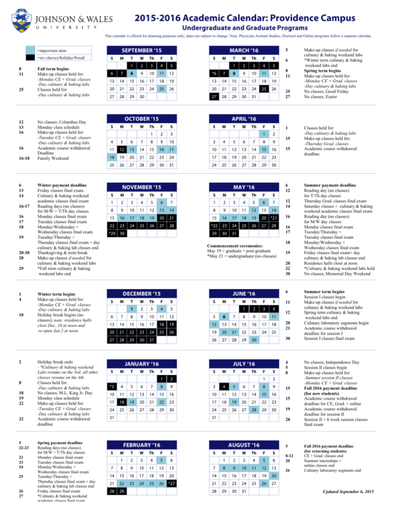 2015 2016 Academic Calendar Providence Campus