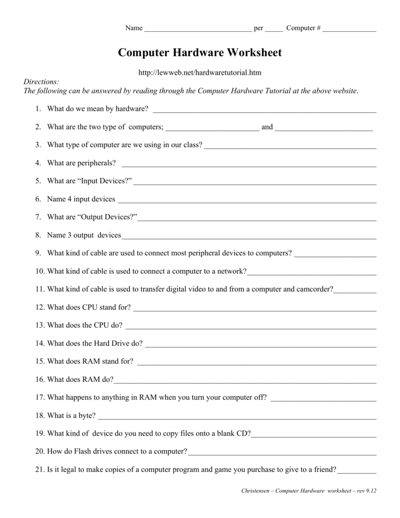 Computer Hardware Worksheet