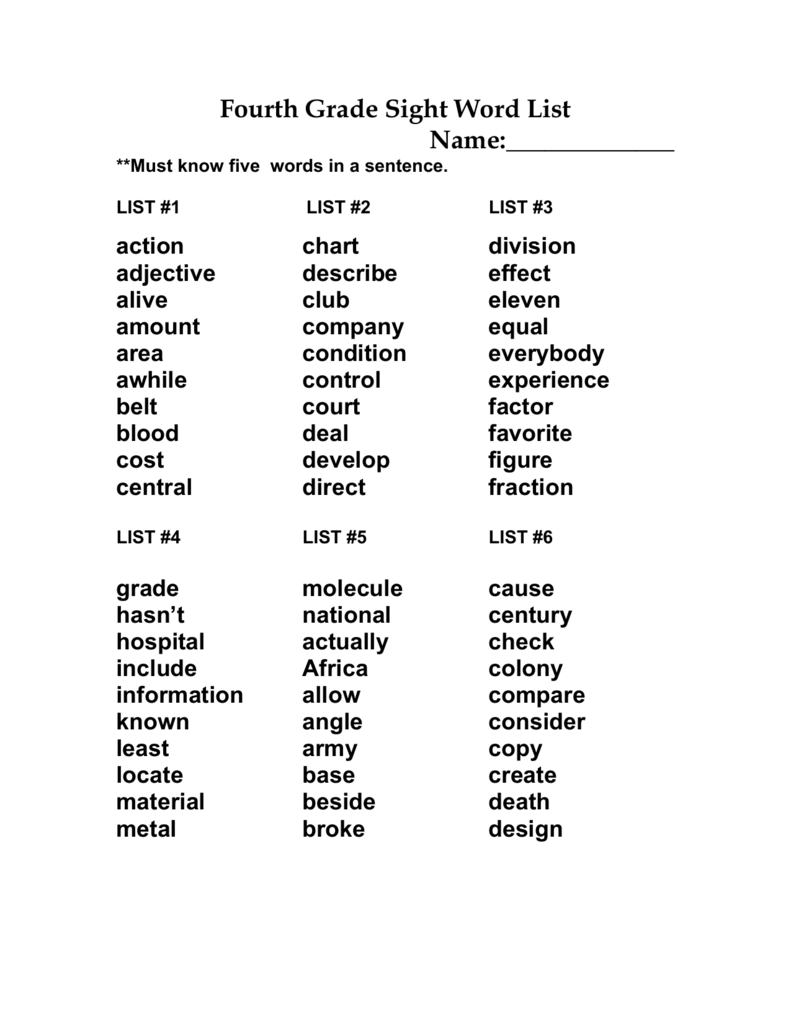 sight words for 6th grade printable list