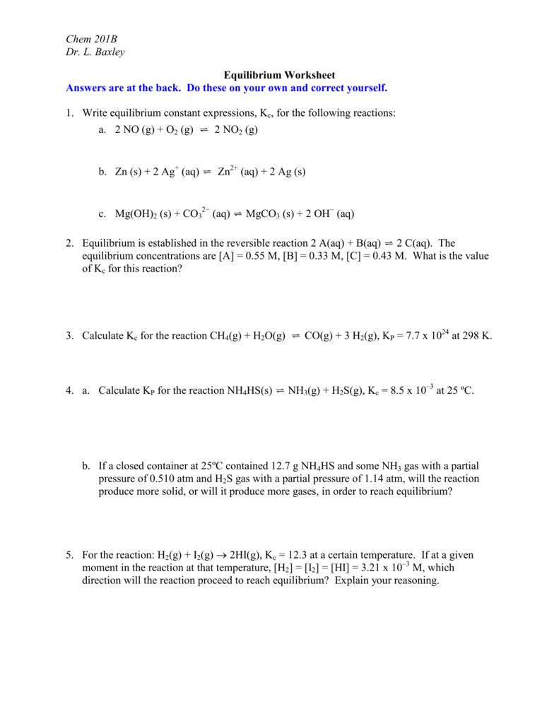 Equilibrium Constant K Worksheet Answers