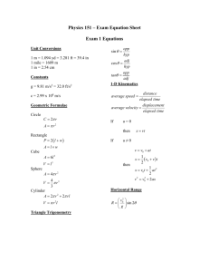 Physics 151 – Exam Equation Sheet Exam 1 Equations