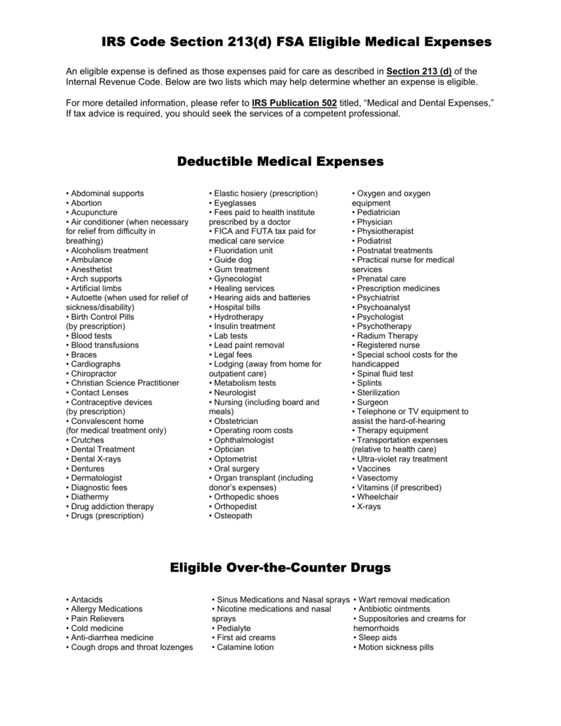 IRS Code Section 213(d) FSA Eligible Medical Expenses Deductible