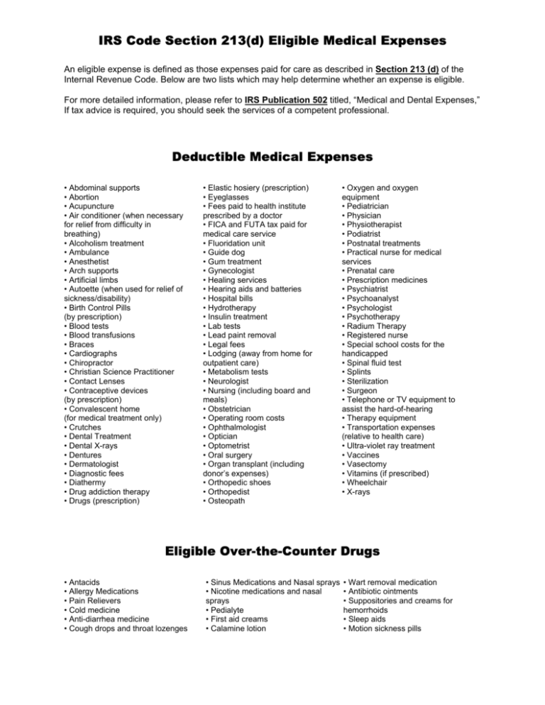 IRS Code Section 213(d) Eligible Medical Expenses