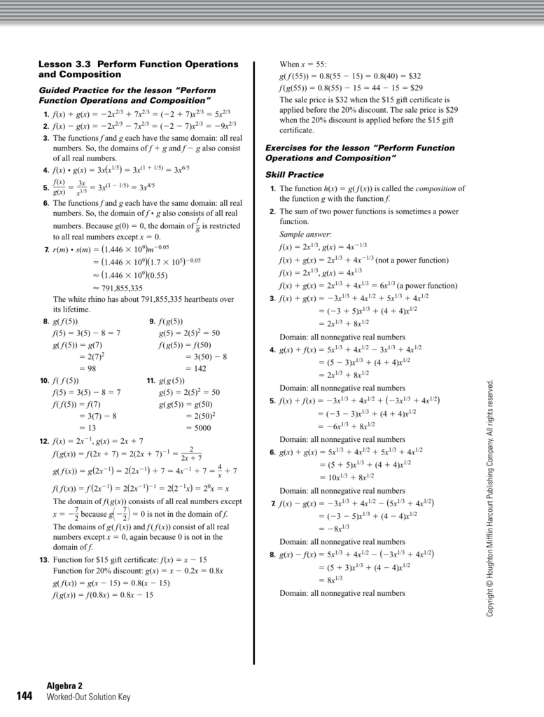 Lesson Perform Function Operations and Composition Algebra 20 Intended For Composition Of Functions Worksheet Answers