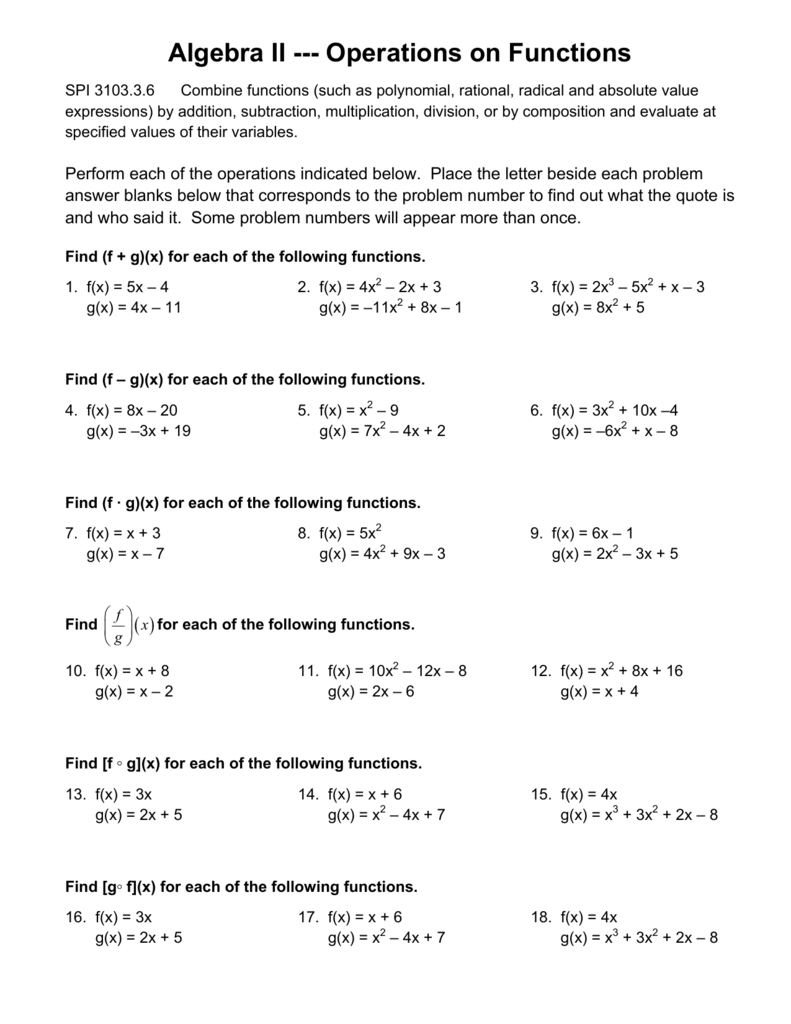 Algebra II --- Operations on Functions For Operations With Functions Worksheet