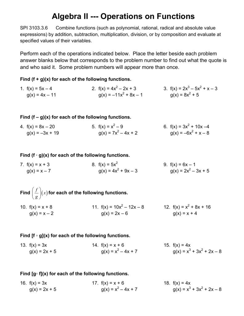 Algebra Ii Operations On Functions