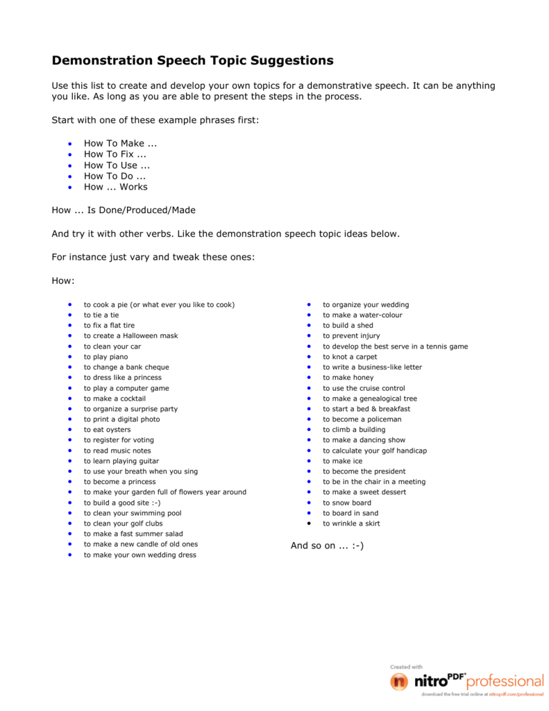 demonstrative speech topics list