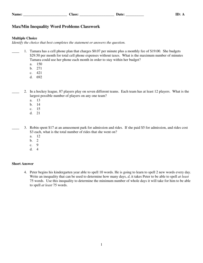 ExamView - MaxMin Inequality Word Problems Classwork.tst For Inequality Word Problems Worksheet