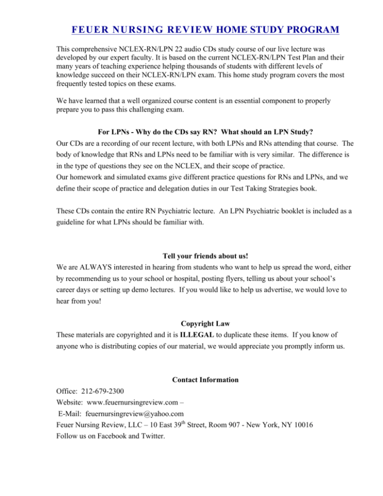 FEUER NURSING REVIEW HOME STUDY PROGRAM FEUER NURSING REVIEW HOME STUDY PROGRAM