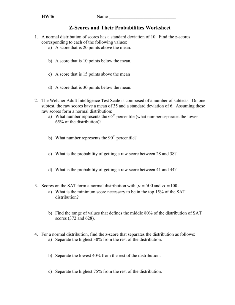 HW25 Z-Scores and Their Probabilities Worksheet Pertaining To Z Score Practice Worksheet