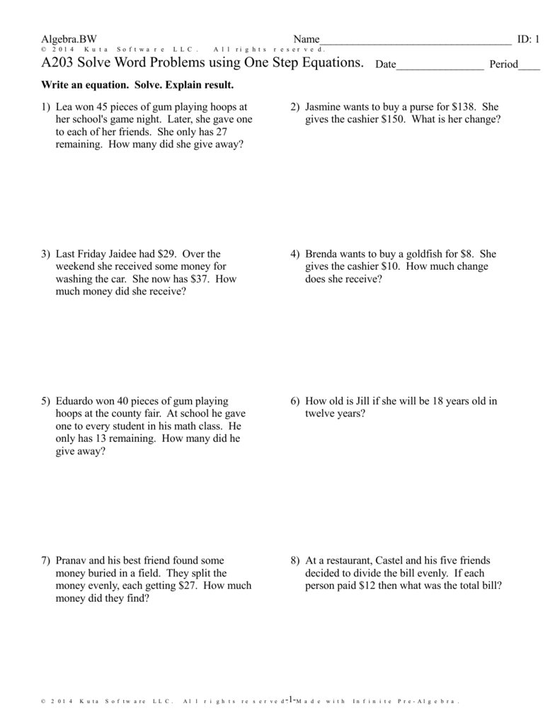 A22 Solve Word Problems using One Step Equations. Throughout Equation Word Problems Worksheet