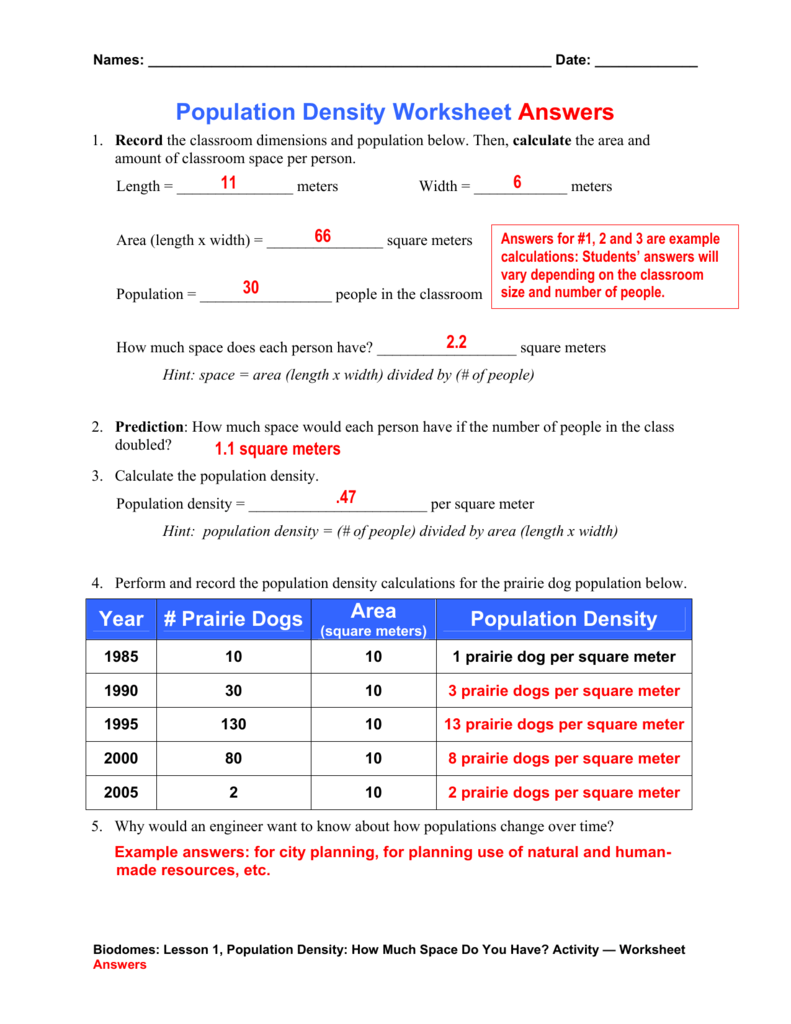 Population Density Worksheet Answers