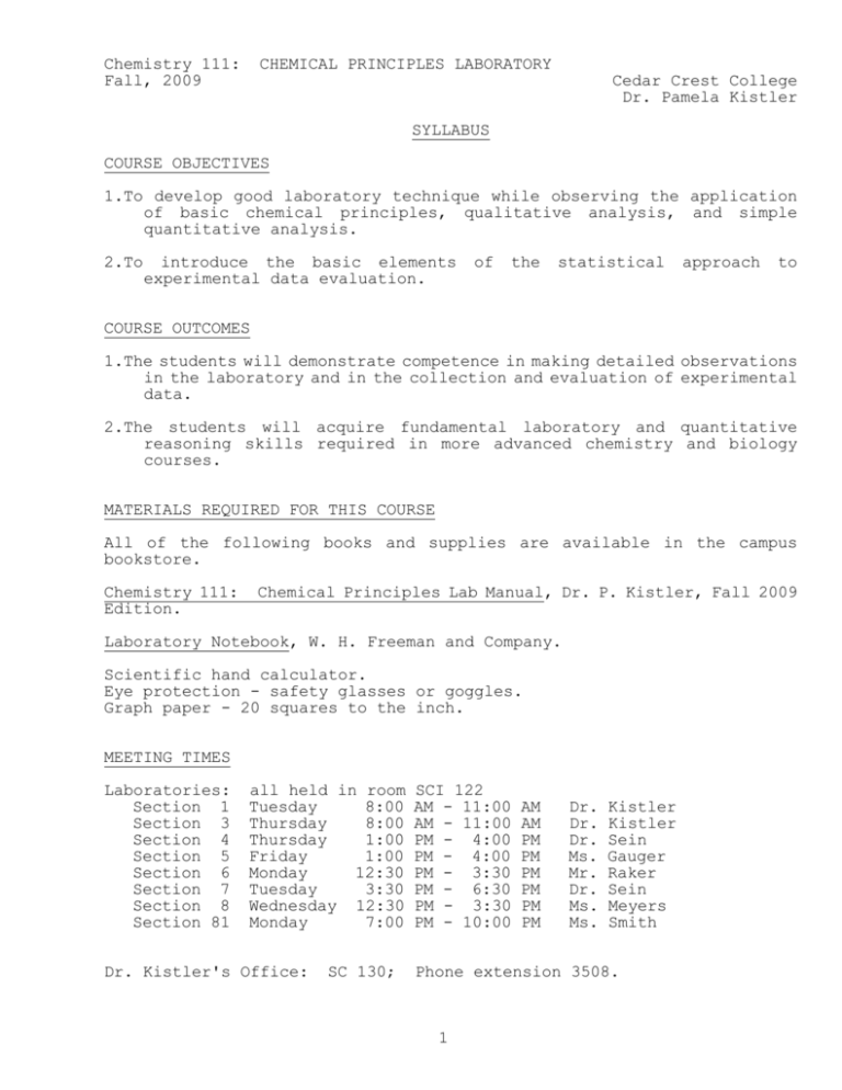 CHE 111 01 1 Cedar Crest College